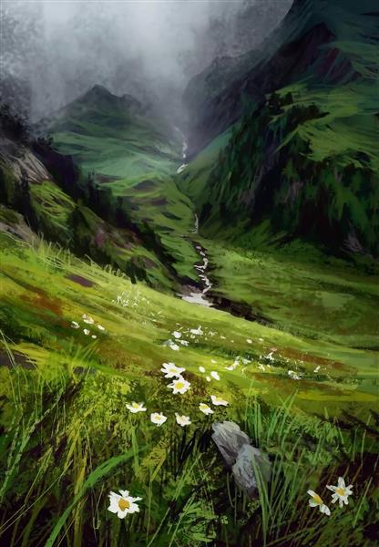 طبیعت بکر گل سبز کوه نقاشی دیجیتال