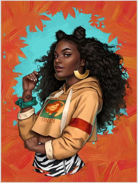 پوستر دختر سیاه پوست زیبا مو فر نقاشی دیجیتال تابلو
