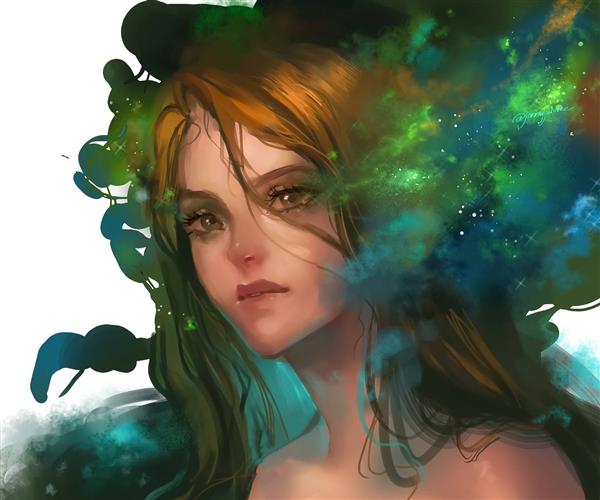 دختر زیبا کهکشان سبز نقاشی دیجیتال