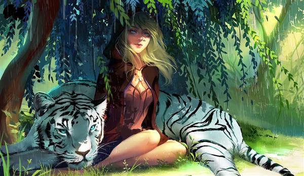 دختر زیبا در جنگل ببر سفید نقاشی دیجیتال