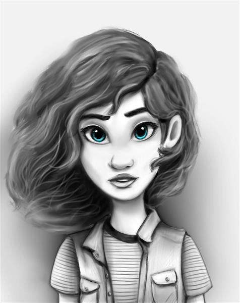 دختر کارتونی سیاه سفید نقاشی دیجیتال زیبا