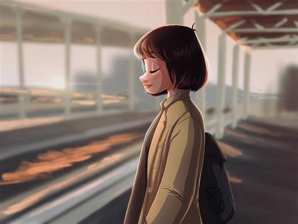 دختر زیبا ایستگاه قطار نقاشی دیجیتال