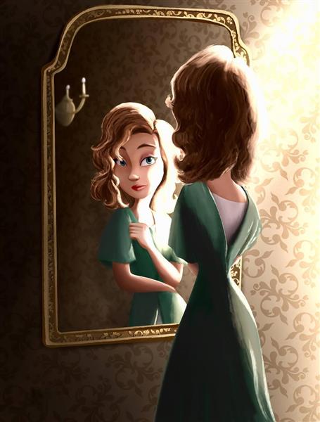 نقاشی دیجیتال دختر زیبا آینه پوستر کارتونی