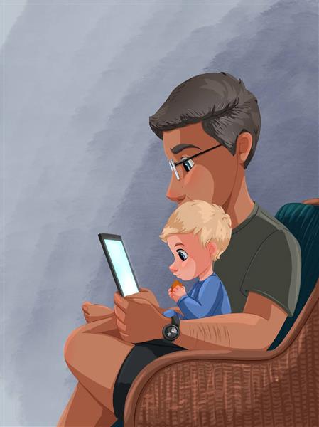 پدر کودک کارتونی گوشی موبایل خانواده نقاشی دیجیتال