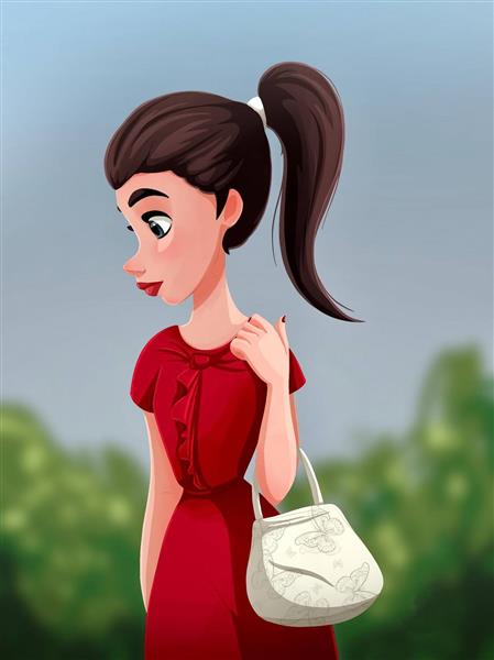 دختر کارتونی زیبا لباس قرمز طبیعت نقاشی دیجیتال