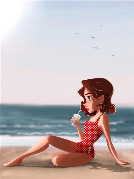 دختر خجالتی زیبا ساحل لباس قرمز نقاشی دیجیتال