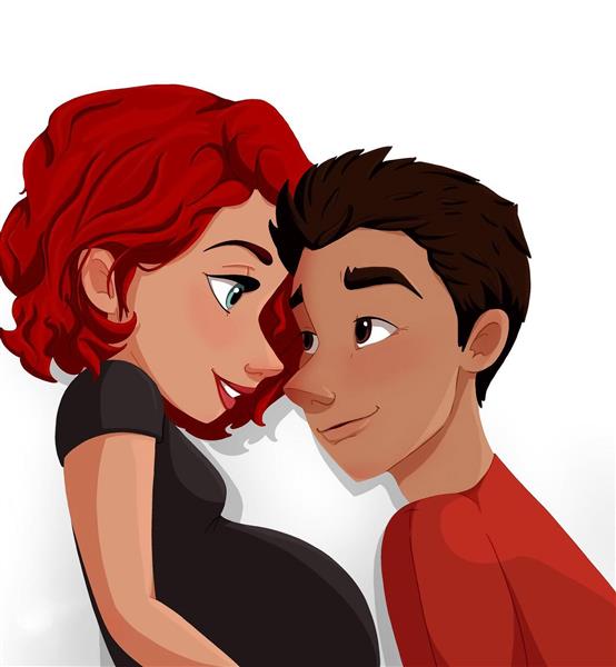 دختر و پسر کارتونی نقاشی دیجیتال باردار مو قرمز