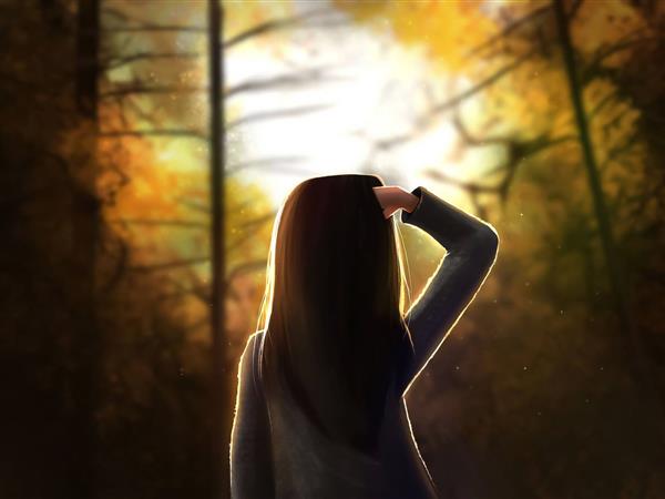 دختر مو مشکی نقاشی دیجیتال جنگل خزان