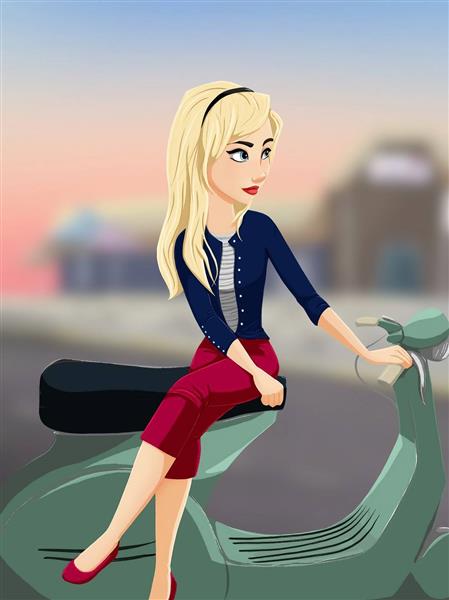 دختر خجالتی زیبا موتور سبز بلوند نقاشی دیجیتال