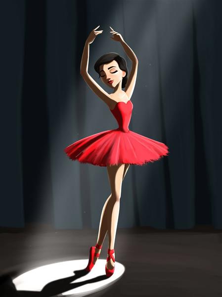 دختر خجالتی لباس قرمز رقص باله نقاشی دیجیتال