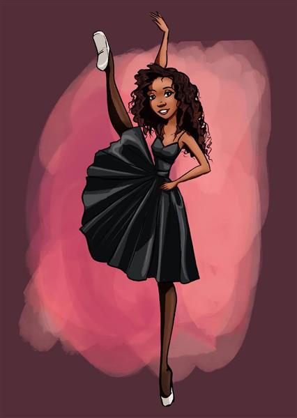 دختر کارتونی سیاه پوست لباس سیاه رقص باله نقاشی دیجیتال