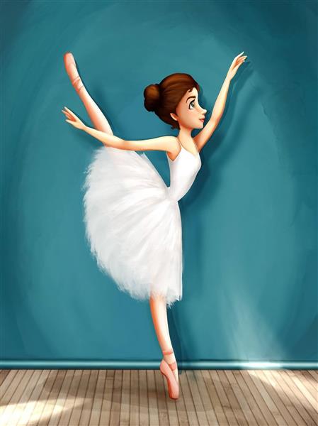 دختر زیبا مو روشن لباس سفید رقص باله نقاشی دیجیتال
