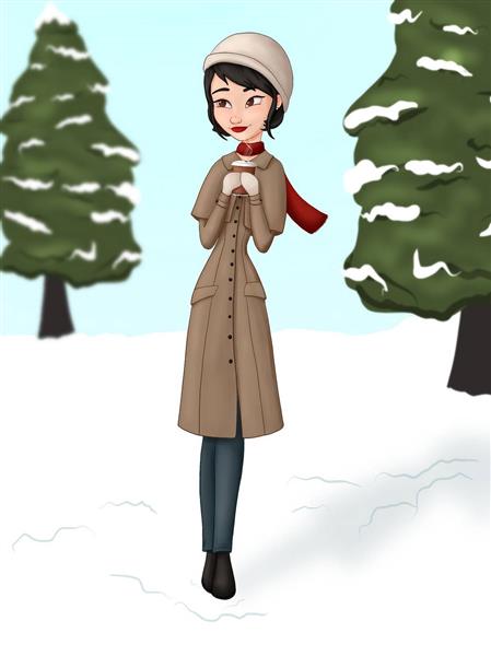 دختر خجالتی زیبا برف جنگل نقاشی دیجیتال