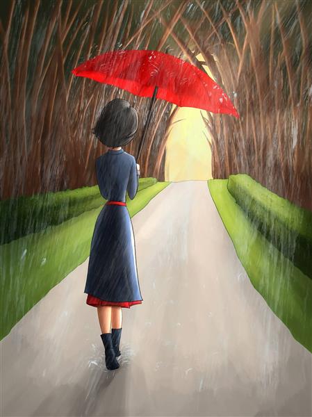 نقاشی دیجیتال دختر تنها باران چتر قرمز درختان نقاشی دیجیتال