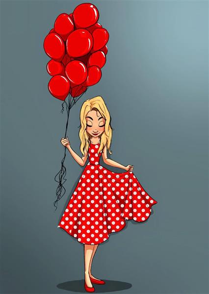 دختر زیبا خجالتی لباس قرمز بادکنک نقاشی دیجیتال