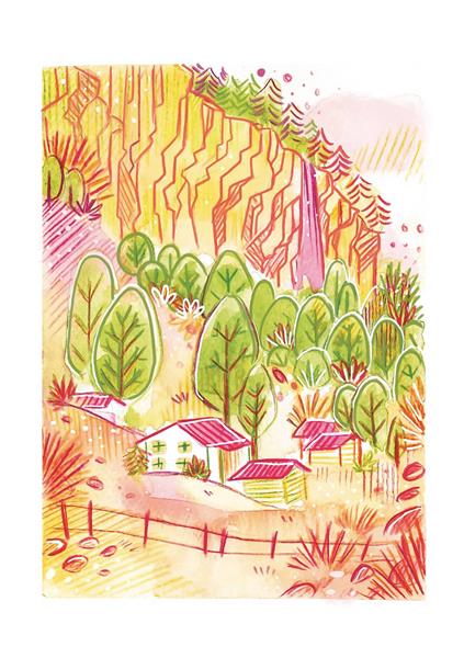 نقاشی دیجیتال جنگل بزرگ زیبا خانه روستایی