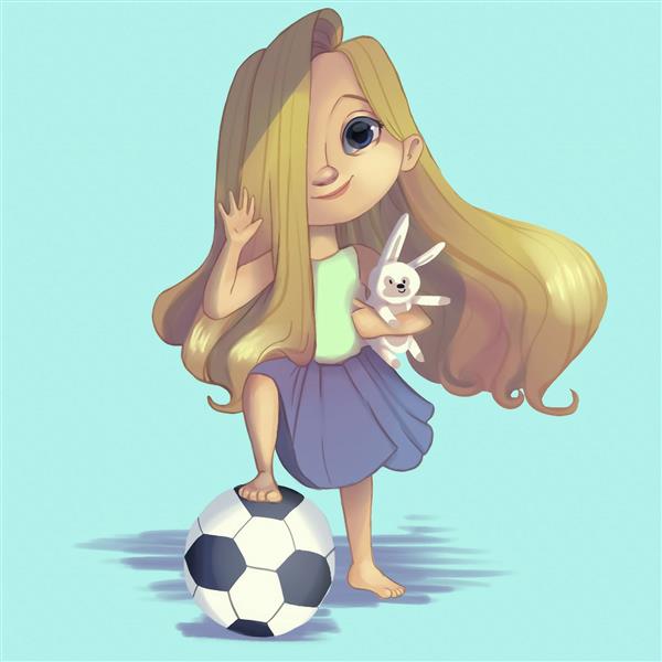 دختر بلوند زیبا کوچک فوتبالیست نقاشی دیجیتال خرگوش
