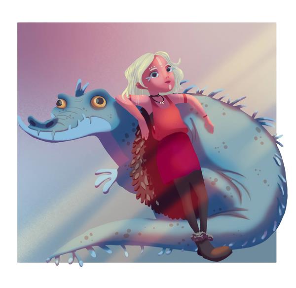 دختر بلوند کارتونی تمساح آبی نقاشی دیجیتال