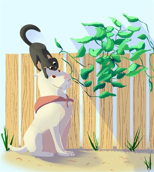 سگ گربه بازیگوش نقاشی دیجیتال