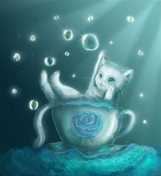 گربه سفید جام آبی نقاشی دیحیتال