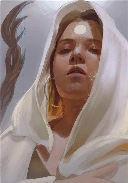دختر زیبا چادر سفید نقاشی دیجیتال