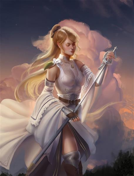 دختر جنگجو میان ابر ها نقاشی دیجیتال لباس سفید