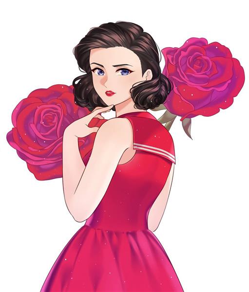 دختر زیبا گل های قرمز نقاشی دیجیتال