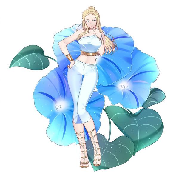 دختر زیبا بلوند لباس سفید گل آبی بزرگ نقاشی دیجیتال
