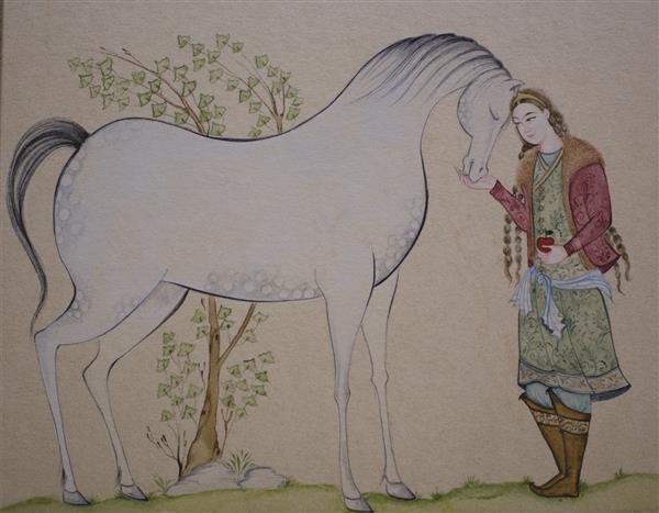 اسب و دختر نقاشی مینیاتور ایرانی