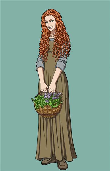 دختر زیبا سبد سبزی نقاشی دیجیتال