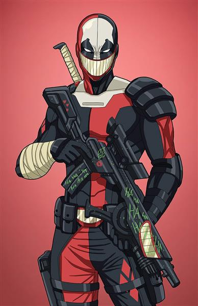مرد جنگجو زره قرمز ماسک اسلحه نقاشی دیجیتال