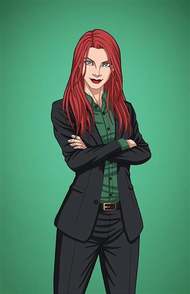 دختر زیبا مو قرمز لباس سبز نقاشی دیجیتال