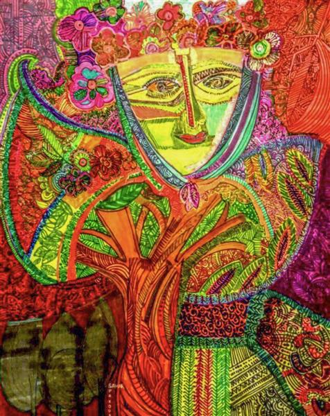 نقاشی زن با ماسک نقاشی انتزاعی به سبک کوبیسم