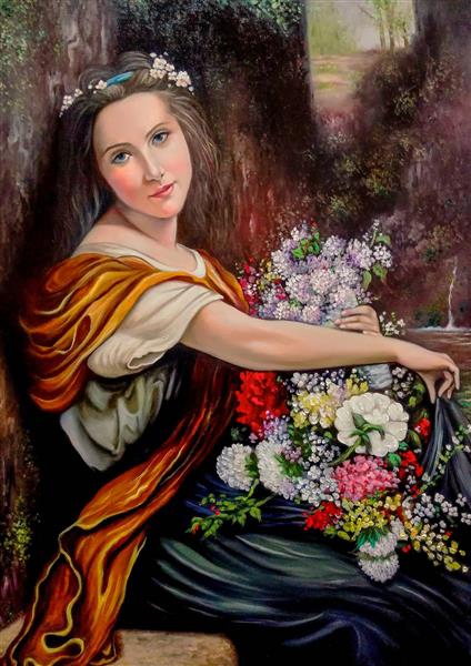 دختری زیبا با دسته گل تابلو نقاشی