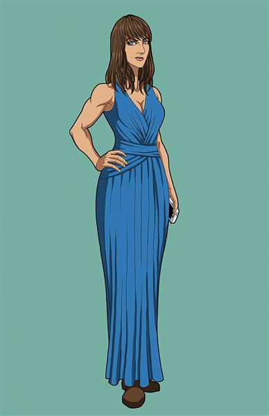 دختر زیبا لباس بلند آبی نقاشی دیجیتال