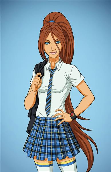 دختر مدرسه ای زیبا مو بلند نقاشی دیجیتال