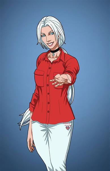 دختر زیبا مو سفید پیراهن قرمز نقاشی دیجیتال