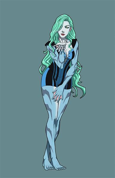 دختر زیبا آبی مو بلند سبز نقاشی دیجیتال