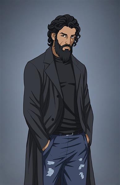 مرد ریش مو بلند سیاه نقاشی دیجیتال
