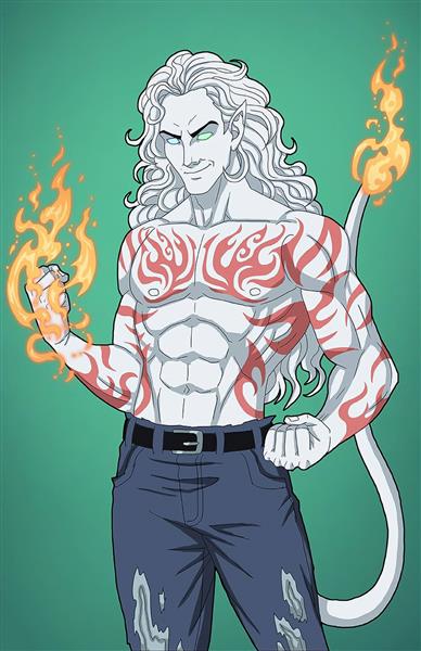 مرد شیطانی قدرت آتش مو بلند نقاشی دیجیتال