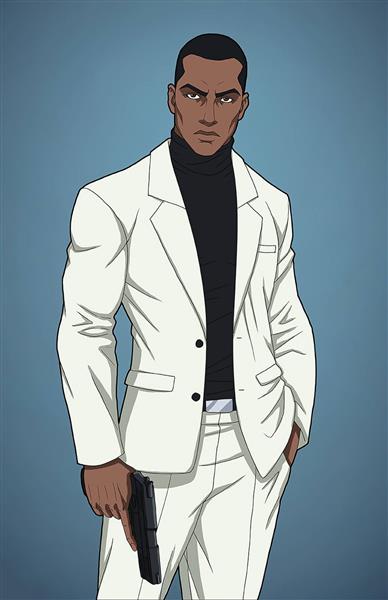 مرد سیاه پوسا کت شلوار سفید اسلحه نقاشی دیجیتال