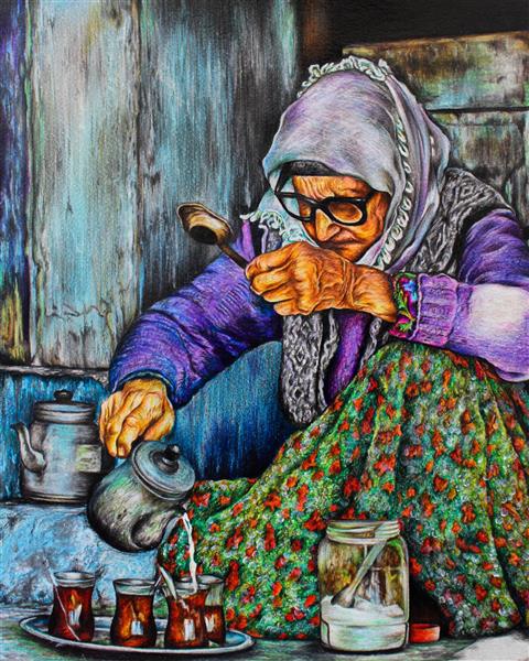 پیرزن با سینی چای تابلو زیبای نقاشی مداد رنگی