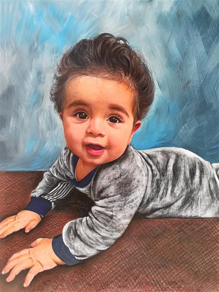پسر کوچولوی مو فرفری تابلو زیبای نقاشی مداد رنگی