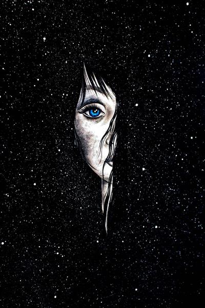 چهره دختری در تاریکی شب پرستاره شبگرد اثر هنری
