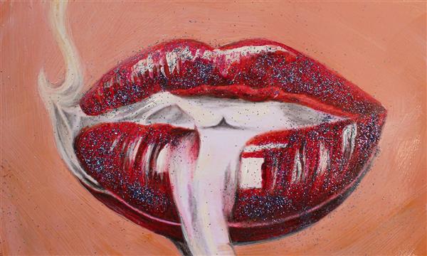 دود سیگار از میاه لبان سرخ دختر تابلو زیبای نقاشی مداد رنگی