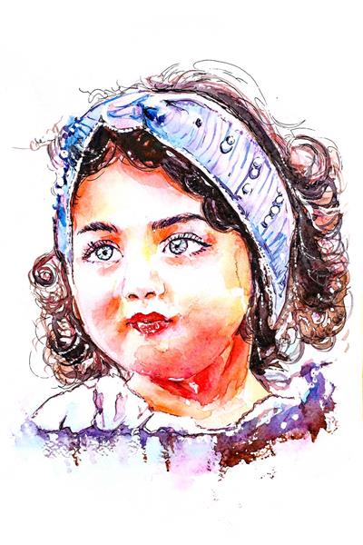 دختری کوچک با روسری زیبا نقاشی آبرنگ