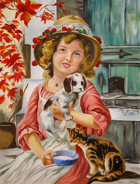 دختری زیبا با توله سگ ها نقاشی رنگ روغن