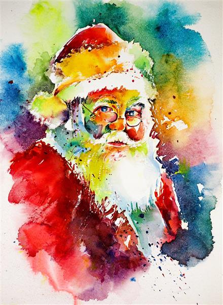 بابانوئل تابلو نقاشی آبرنگ زیبا کریسمس مبارک