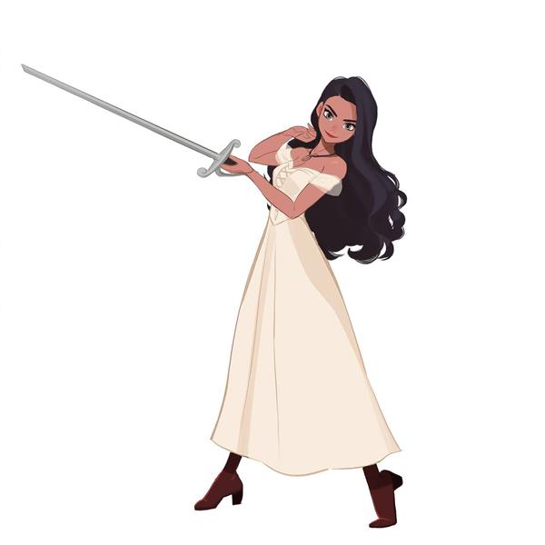 دختر شمشیر زن لباس بلند سفید نقاشی دیجیتال
