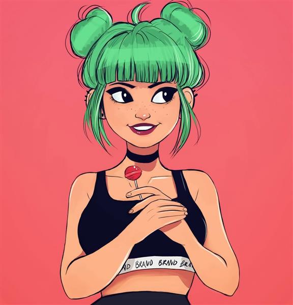 دختر زیبا خجالتی مو سبز نقاشی دیجیتال